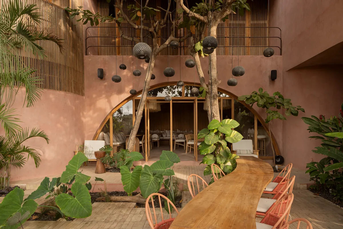 Patio de planta baja con árboles que crecen entre la duela, jardineras con plantas de hoja grande y una mesa larga de madera frente a un gran arco