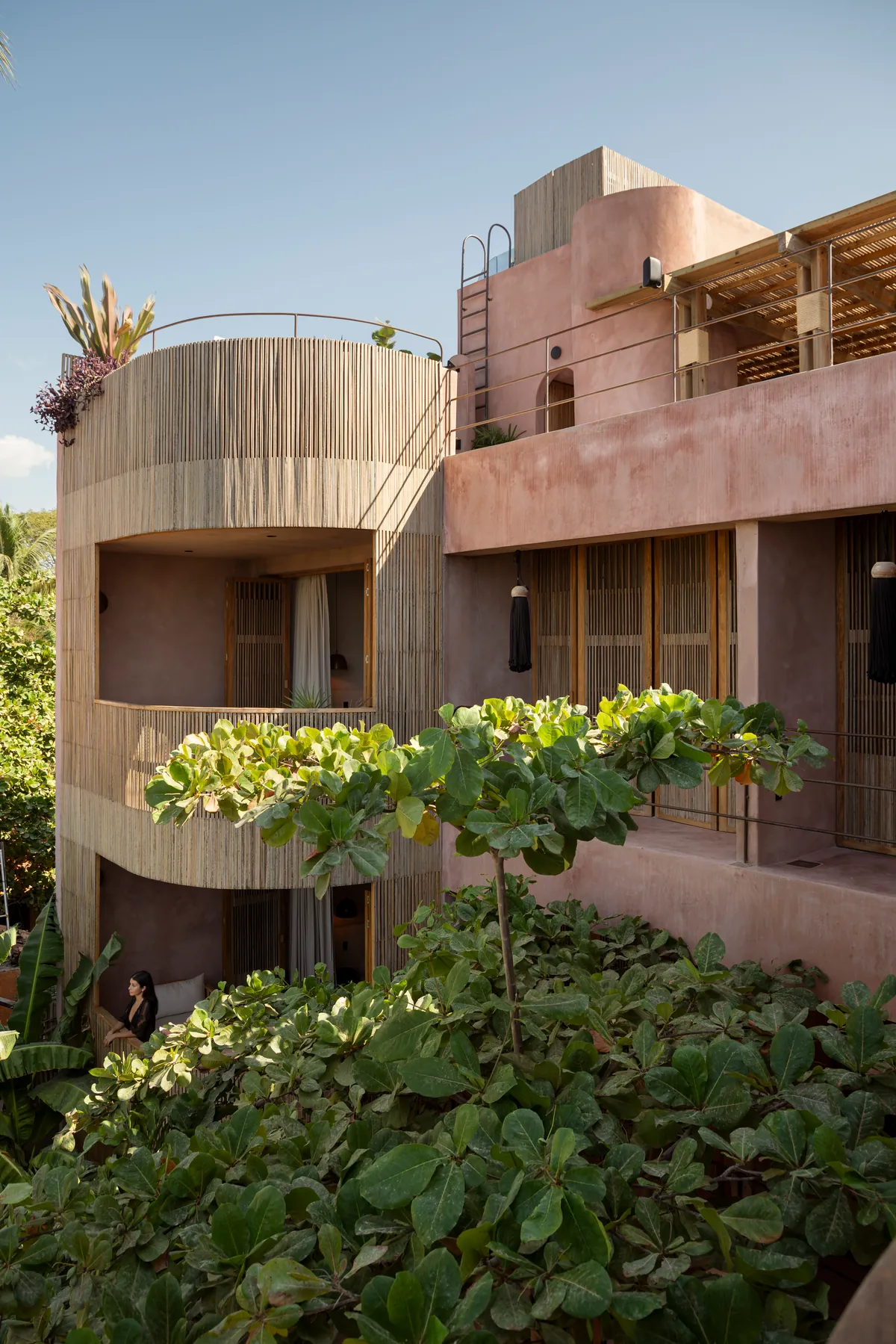 Fachada interior de chukum rosado con balcones curvos forrados de celosías y la copa de un árbol al frente